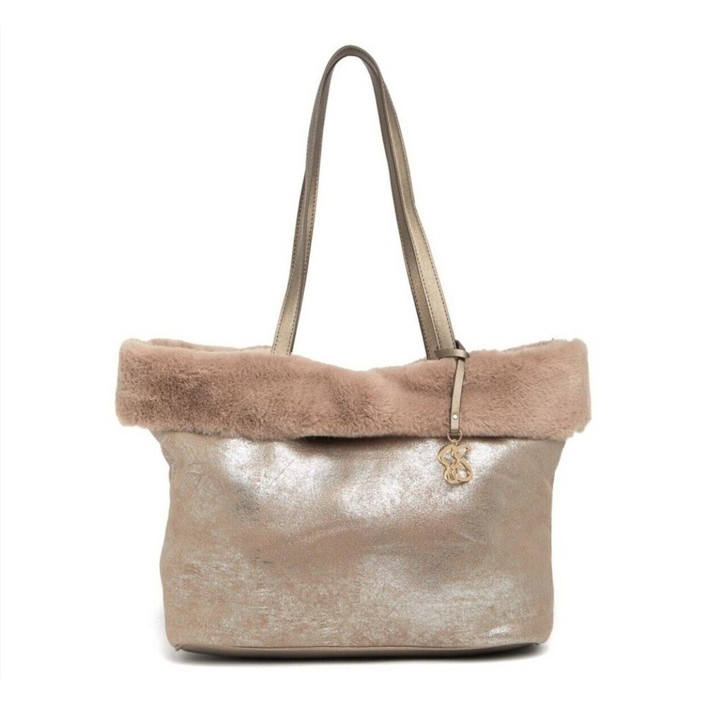 Jessica Simpson Shoulder Faux Fur Tote Bag Metallic Purse & Pouch Set